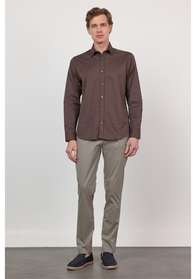 İmza Kahverengi Sert Yaka Uzun Kol Cepsiz Slim Fit Pamuklu Gömlek 1004260213
