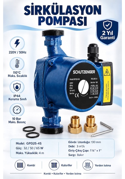 Gp25-4 130mm Sıcak Su Devir Daim Sirkülasyon Pompası 3 Kademeli Sessiz Kombi Kalorifer Yerden Isıtma 1 Daire İçin