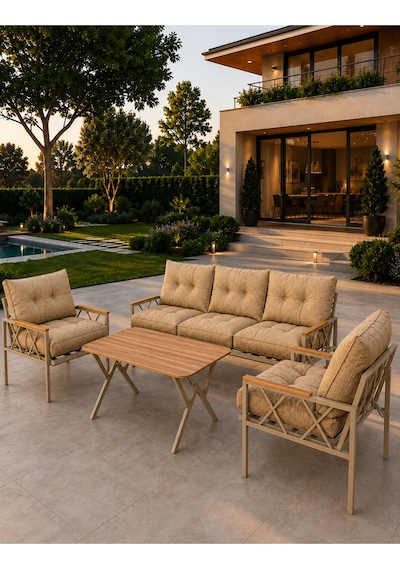 Miray Cappuccino 311 Masalı Bahçe & Balkon Oturma Grubu 3+1+1 Metal İskelet,kahverengi Minderli