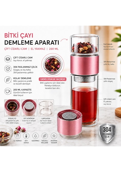 Muzeko 200ml Pembe Çift Katlı El Yakmayan Isıyı İçinde Tutan Cam Bardak Detox Bitki Çayı Demleme Ihlamur Demliği Bitki Çayı Demleme Tüm Bitki Çaylar İçin Uygundur Rose