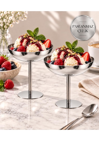 Arvale 2 Adet 8 Cm 18/10 304 Paslanmaz Çelik Ayaklı Sunumluk Metal Çerezlik, Meyvelik Ve Dondurma Kasesi çok renkli