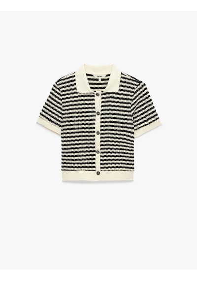 Koton Slim Fit Düğmeli Polo Yaka Kısa Kollu Çizgili Triko Hırka Beyaz Çizgili 6sak30073ek
