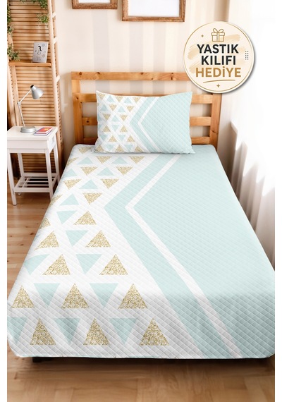 Geometrik Mint Genç Odası Tek Kişilik Pike Takımı-üçgen Beyaz Gold 160x220 Cm Kapitone Yatak Örtüsü Hafif Sis Ufku
