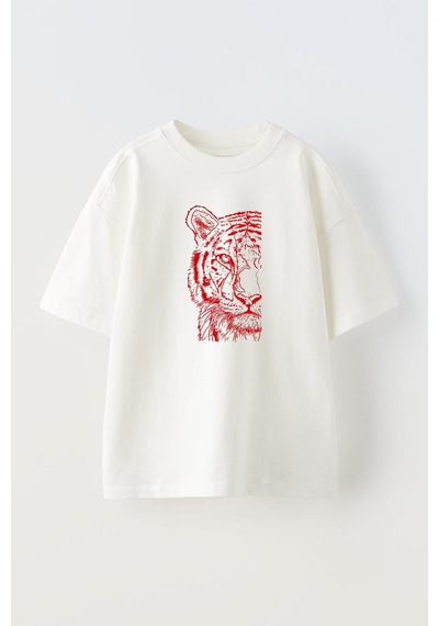 Thewert Unisex Kırmızı Kaplan Tasarım Baskılı Pamuk Beyaz Oversize T-shirt