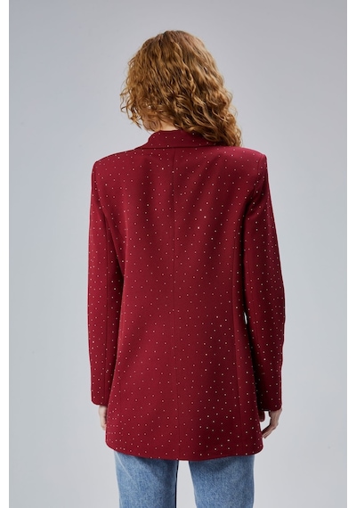 Kadın Regular Dokuma Astarlı Taş Detaylı Blazer Ceket Bordo