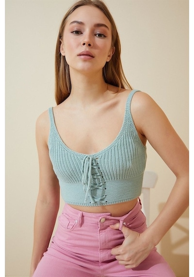 Aqe Fashion Kadın Mint Yeşili Önü Bağcıklı Bluz-Mint Yeşili