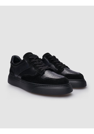 %100 Hakiki Deri Siyah Süet Bağcıklı Erkek Sneaker-siyah Siyah