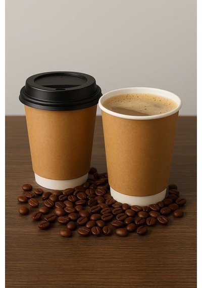 14 Oz Double Wall Kraft Görünüm Karton Bardak + Siyah Kapaklı 25'li Diğer
