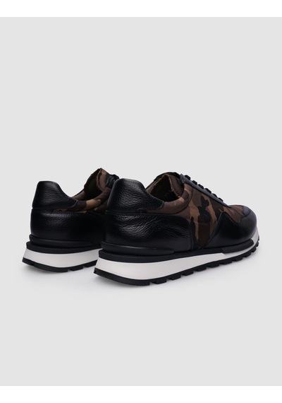 %100 Hakiki Deri Siyah Bağcıklı Kamuflaj Desenli Erkek Sneaker-siyah Siyah