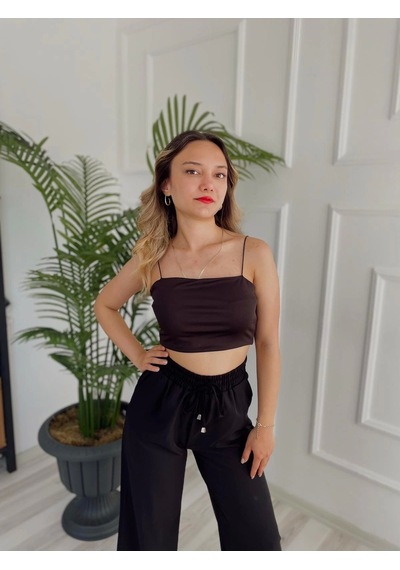 Kadın Spagetti Askılı Crop Siyah