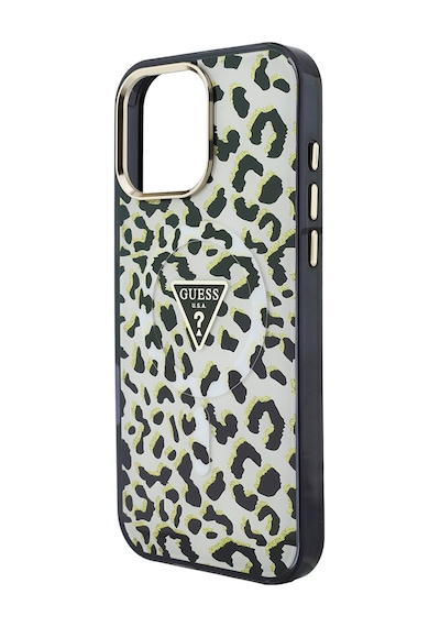 Apple Uyumlu iPhone 16 Pro Max Kılıf Guess Lisanslı M-safeli Üçgen Logolu Simli Leopar Desenli Kapak Siyah