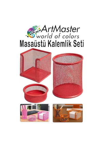 Kırmızı Masaüstü Fileli Kalemlik Seti 3 Parça 1 Paket 3 Lü Masa Üstü Düzenleyici Kalemlik Küp Notluk Ataşlık Kırmızı