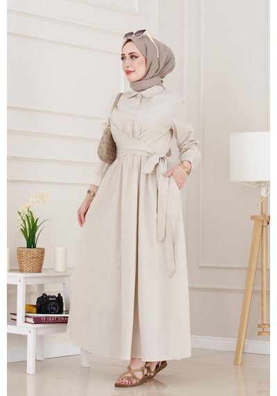 Sevitli Belden Bağlamalı Mina Elbise-bej-4931 Bej
