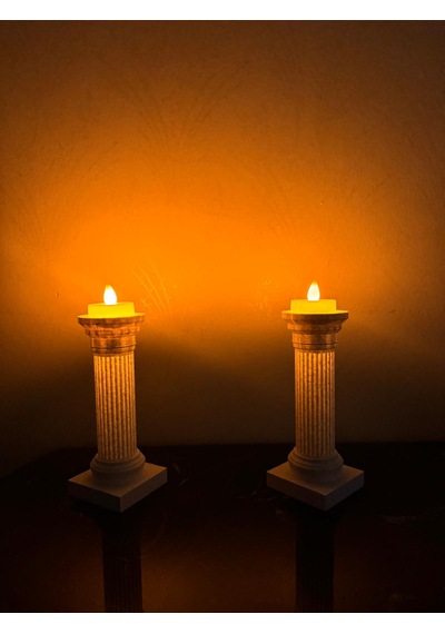 2'li Roma Sütunu Mumluk 15 Cm Mermer Görünümlü Led Tealight Dekor Seti