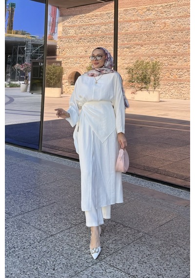 Riella Butik Nehir Üçlü Tesettür Takım Beyaz