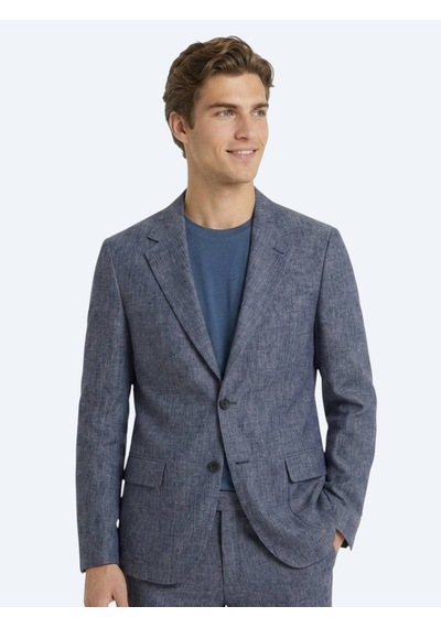 Kip Mavi Desenli Modern Fit Keten Karışımlı Takım Elbise