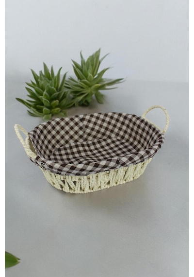 Hasır Rattan Ekmeklik Ekmek Sepeti Oval Ekose Kumaş Krem