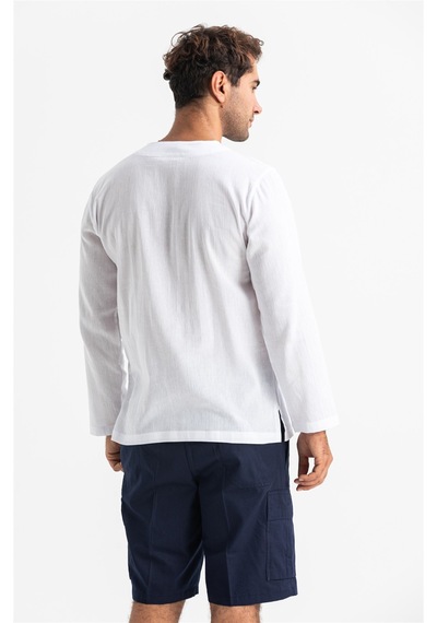 Uzun Kol Şile Bezi Bisiklet Yaka Etnik Erkek T-Shirt Beyaz Byz Beyaz