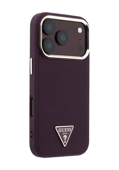 Apple iPhone 18 Pro Uyumlu Kılıf Guess  Lisanslı M-safe Şarj Özellikli Grained Triangle Kapak Bordo