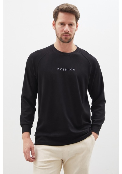 Fullamoda Baskılı Bisiklet Yaka Modal Sweatshirt Siyah
