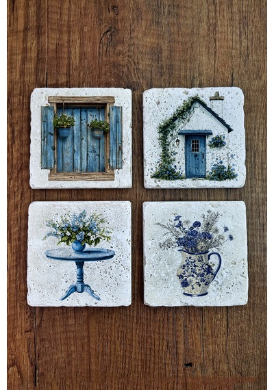 Doğal Taş Bardak Altlığı - Sevimli Kediler Ve Pencere Temalı Stone Coasters Çok Renkli