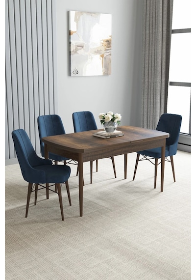 Zümra Serisi, Barok Ahşap Desen 80x132 Açılabilir Mdf Mutfak Masası Takımı 4 Adet Sandalye, Lacivert Zümra Serisi, Barok Ahşap Desen 80x132 Açılabilir Mdf Mutfak Masası Takımı 4 Adet Sandalye, Lacivert