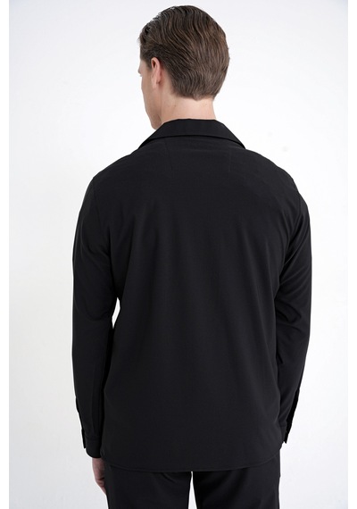 Comfort Fit Apaş Yaka Doku Desenli %100 Pamuk Siyah Gömlek Ceket G 1601