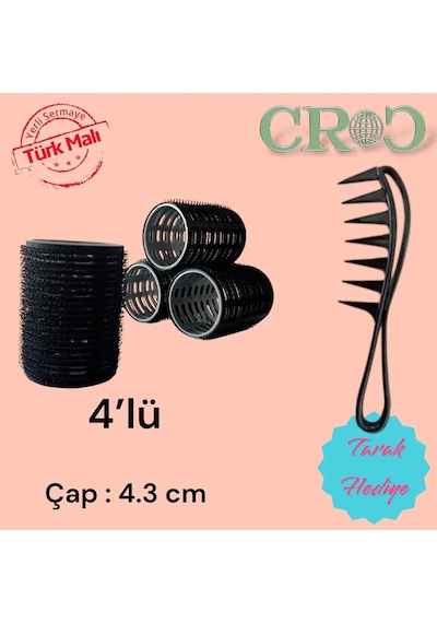 Croc 4lü Orta Boy Plastik Bigudi Siyah Cb22 - Cırtlı Yapışkanlı Saç Bigudisi Siyah