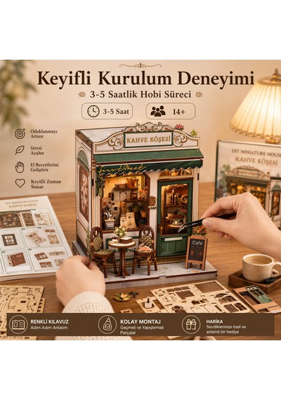 Kahve Köşesi Nook Book Mini Book Nook Dıy Kit Kendin Yap Led Işıklı Ahşap Minyatür Kitap Köşesi