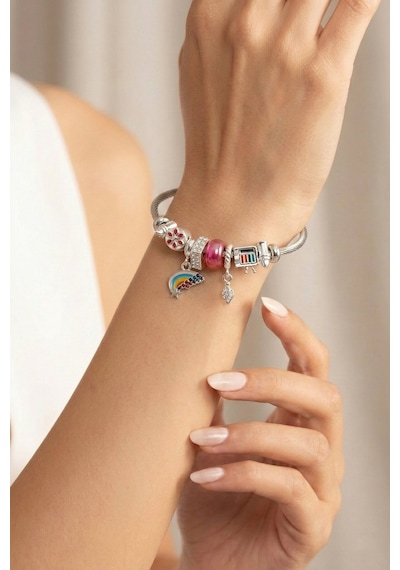 Gökkuşağı Ve Sanat Temalı Charm Detaylı Silver Fuşya Bijuteri Kelepçe Bileklik