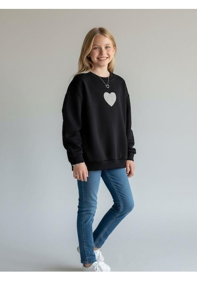 Kız Çocuk Pamuklu Yumuşak Dokulu Kalp İşlemeli Sweatshirt-16803 Siyah