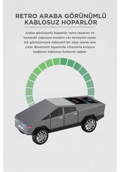 Özel Üretim Parti Çocuk Araç Tasarımlı Bluetooth Hoparlör Retro Araba Cybertruck D68 Gri 15w