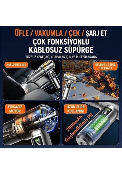 Nanovac 20000pa Güçlü Portatif Vakumlu Kablosuz Üflemeli Mini Araç Süpürgesi, Gümüs