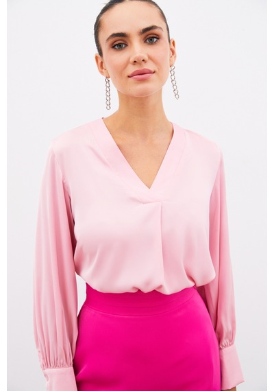 Sateen V Yaka Saten Bluz - Pembe-134907 Pembe