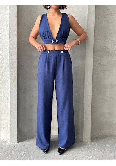 By Mop Crop Pantolon Keten Takım S255012 Lacivert
