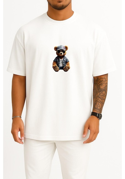 Bahriyeli Collection Oversize Oturan Cool Teddy Bear Göğüs Tasarımlı Unisex T-shirt Beyaz