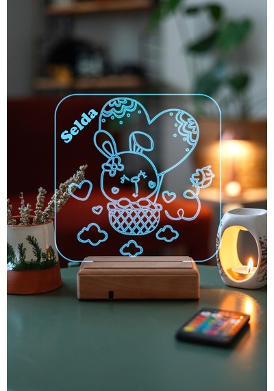 Kişiye Özel 3D Tavşan Ve Kalp Masaüstü Led Lamba