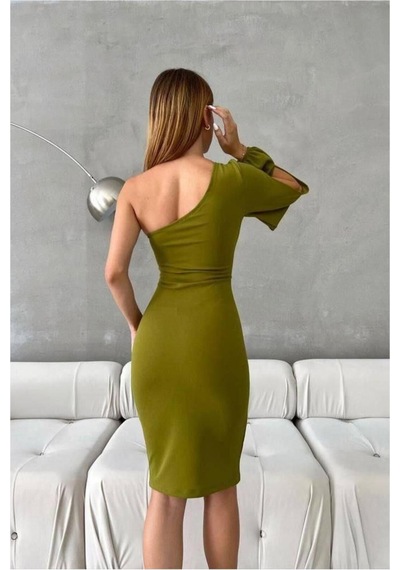 DefyModa Kadın Şık Tasarım Krep Kumaş Tek Omuz Abiye Elbise Yeşil
