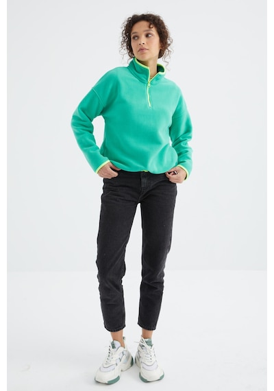 Tommy Life Deniz Yeşili Yarım Fermuar Etek Ucu Büzgülü Dik Yaka Oversize Kadın Polar Sweatshirt - 97234 Yeşil