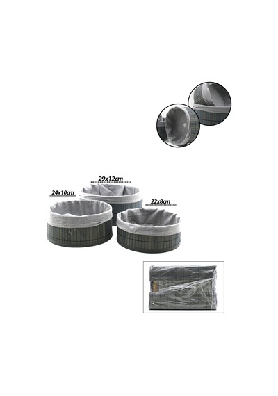 İbico İ22-329 Bambu Kenarlı Yuvarlak Organizer Sepet 3'lü Set - Gri Bezli Ahşap Altlıklı