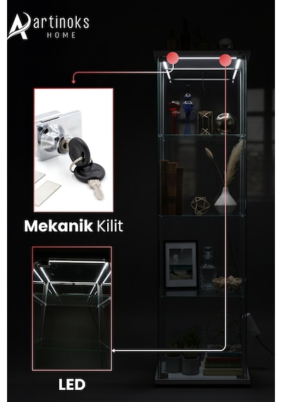 3 Raflı Ledli Kilitli Cam Vitrin Dolap Gümüşlük Koleksiyon Sergi Kitaplık Büfe Mutfak Raflı Detolf Siyah 3 Raflı Ledli Kilitli Cam Vitrin Dolap Gümüşlük Koleksiyon Sergi Kitaplık Büfe Mutfak Raflı Detolf Siyah