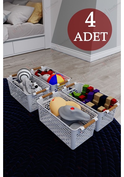 4 Adet Ahşap Saplı Görünüm Beyaz Renk Plastik Mutfak Banyo Eşya Organizer Sepet Düzenleyici Set Beyaz