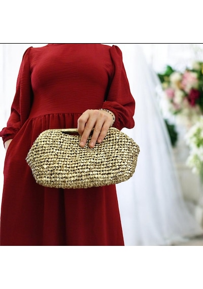 Kemzey Handmade Parlak Tutmalı El Çantaları , El Yapımı Işıltılı Clutch, Örgü El Çantası Altın