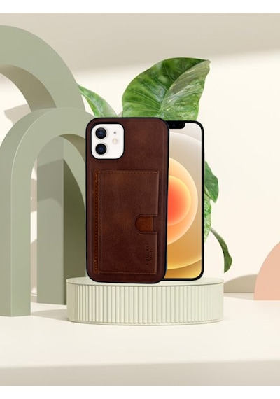 Apple Uyumlu iPhone Hakiki Deri Dikişli Karlıklı Standlı Kılıf 11 Kahverengi