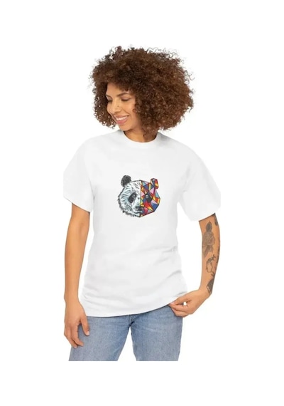 Unisex Bisiklet Yaka Baskılı T-shirt - Beyaz Beyaz