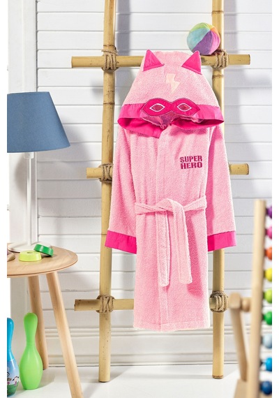 Formeya Kapşonlu Çocuk Bornoz %100 Pamuk Su Emici Pembe Hero Pembe
