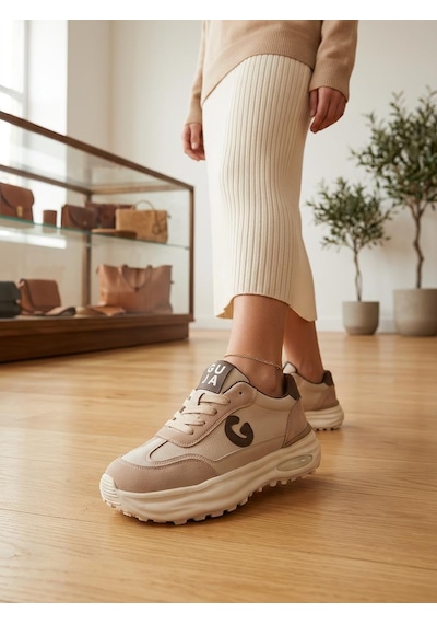 Guja 318-4 Kadın Kalın Taban Bağcıklı Sneaker Ayakkabı Bej