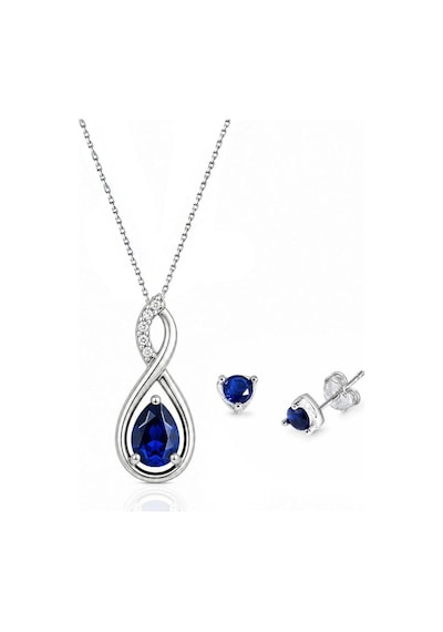 925 Ayar Su Damlası Pırlanta Model Safir Taşlı Gümüş Kolye Küpe Set Beyaz