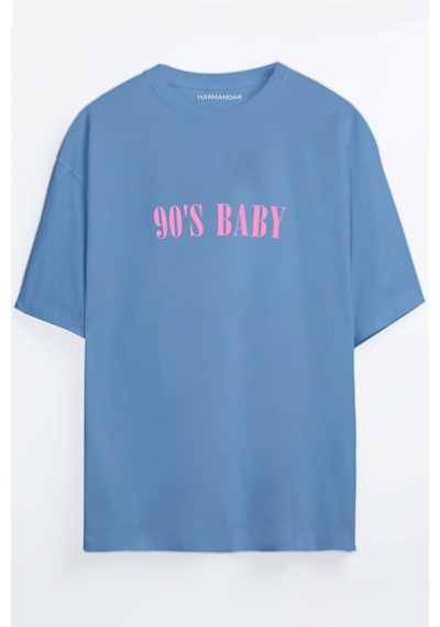 90's Baby Baskılı Bordo - Mavi Oversize T-shirt Mavi