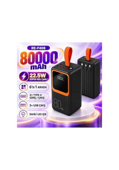 80000 Mah 22.5w Hızlı Şarj Powerbank 6 Çıkışlı Dahili 3 Kablolu Led Fenerli Dijital Göstergeli- Re-f408 Diğer
